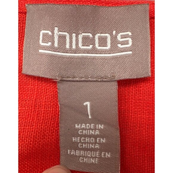 Chicos 100% Linen Open Front Blazer Women Medium (1)  Orange Long Cuffed Sleeve - Picture 4 of 7